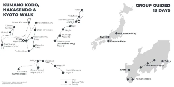 Kumano Kodo, Nakasendo & Kyoto Walk - 13 Days route map