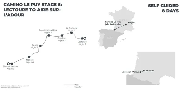 Camino Le Puy: Stage 5 - Lectoure to Aire Sur L'Adour - 8 Days route map