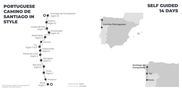 Portuguese Camino de Santiago In Style - 14 Days route map