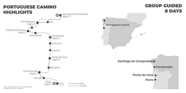 Portuguese Camino Highlights: Porto to Santiago - 8 Days route map