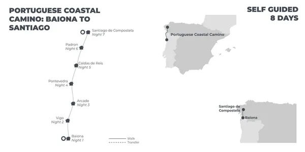 Portuguese Coastal Camino: Baiona to Santiago - 8 Days route map