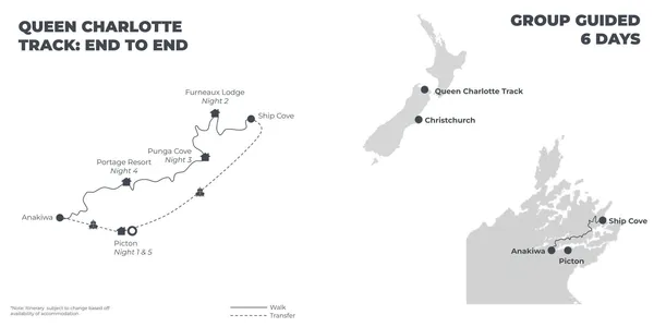 Queen Charlotte Track: End to End - 6 Days route map