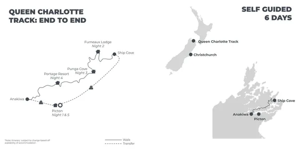 Queen Charlotte Track: End to End - 6 Days route map
