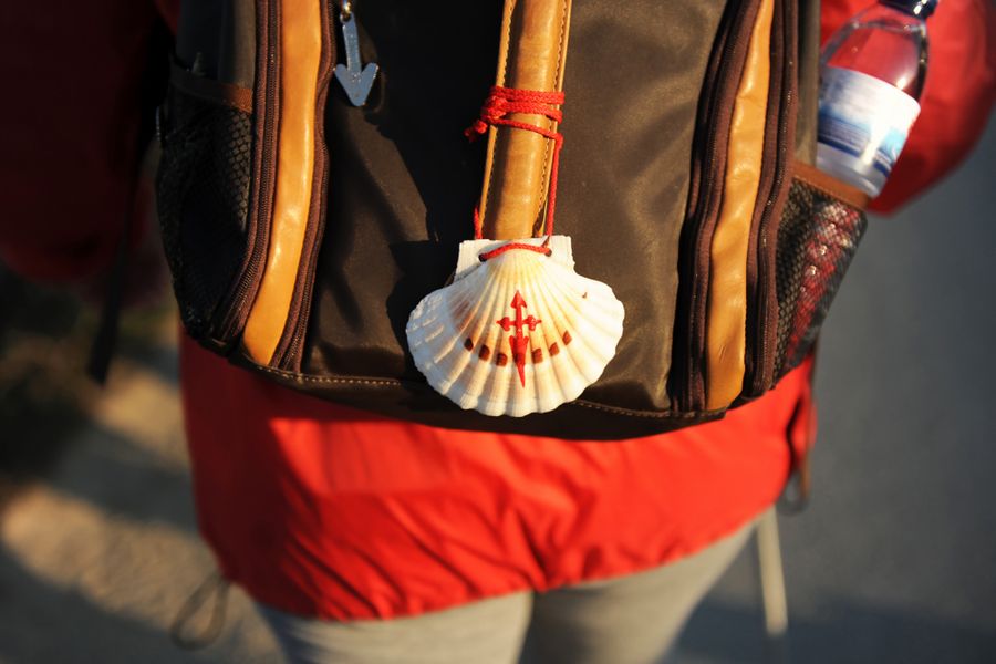 camino scallop shell red pilgrim walker