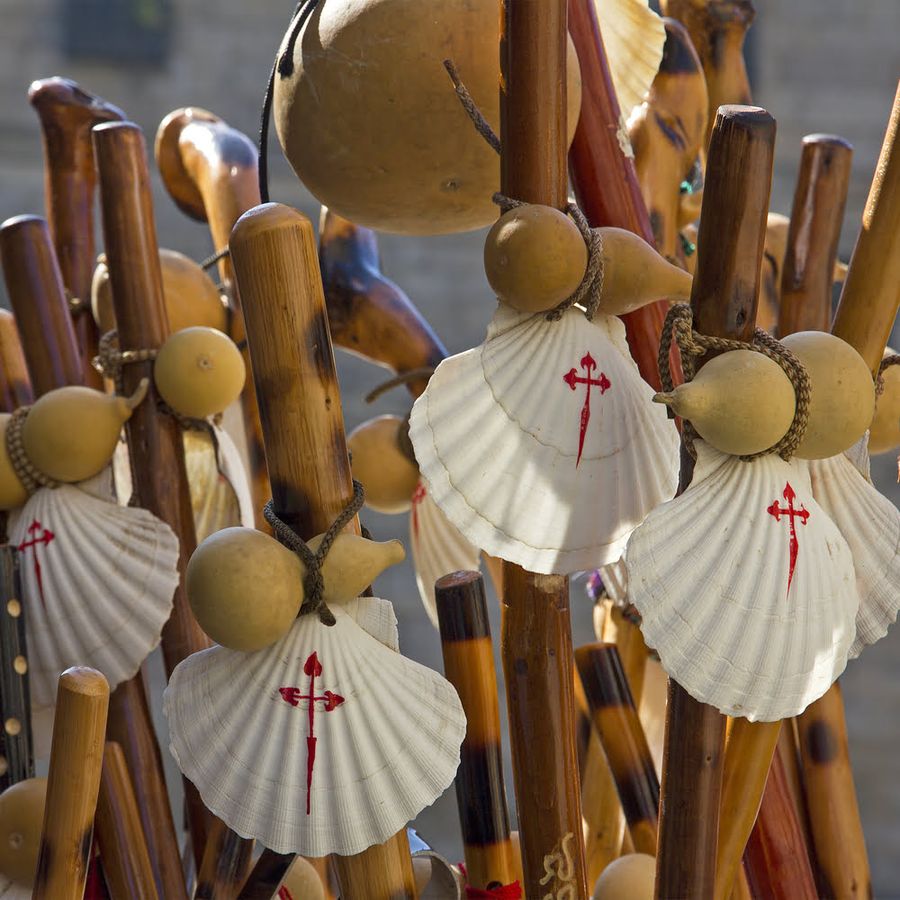 Camino de Santiago walking wooden poles and shells