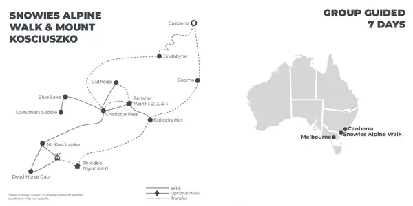 Snowies Alpine Walk and Mount Kosciuszko - 7 Days route map