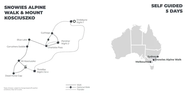 Snowies Alpine Walk and Mount Kosciuszko - 5 Days route map