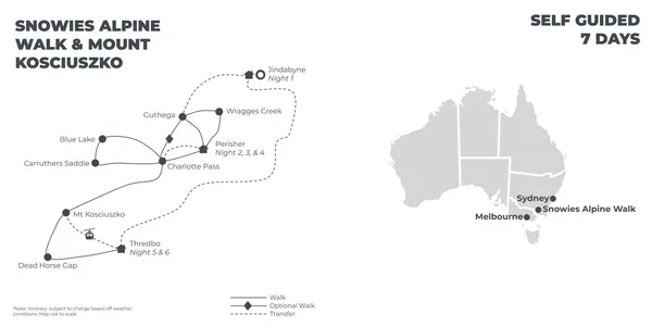 Snowies Alpine Walk and Mount Kosciuszko - 7 Days route map