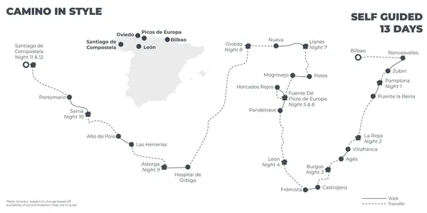 The Camino in Style - 13 Days route map