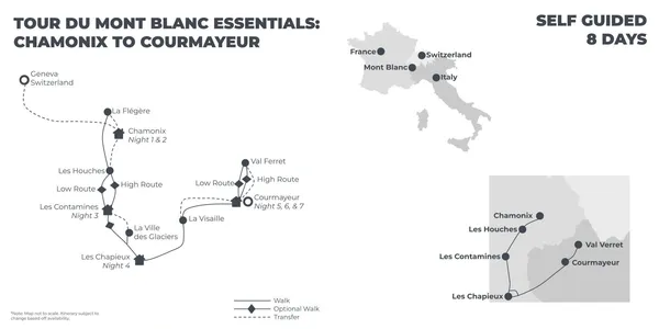 Tour du Mont Blanc Essentials: Chamonix to Courmayeur - 8 Days route map