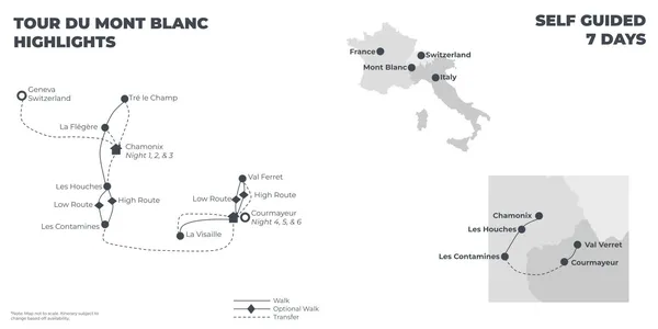 Tour du Mont Blanc Highlights - 7 Days route map