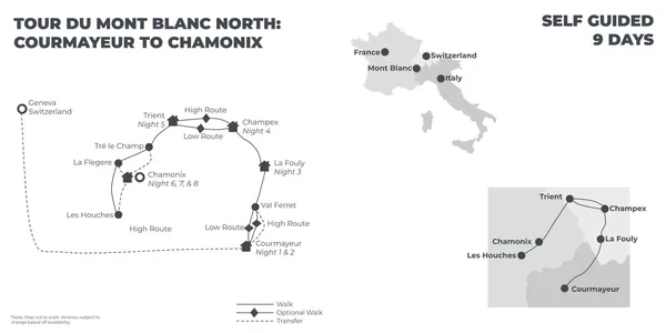 Tour du Mont Blanc North: Courmayeur to Chamonix - 9 Days route map