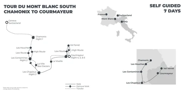 Tour du Mont Blanc South: Chamonix to Courmayeur - 7 Days route map