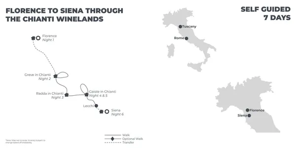 Florence to Siena: Through the Chianti Winelands - 7 Days route map