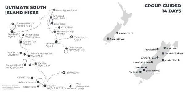 Ultimate South Island Hikes - 14 Days route map