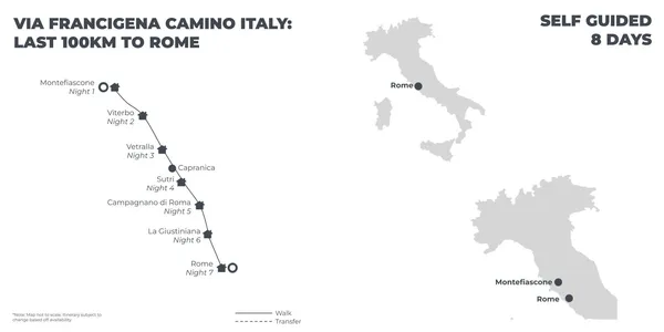 Via Francigena Camino Italy: Last 100km to Rome - 8 Days route map