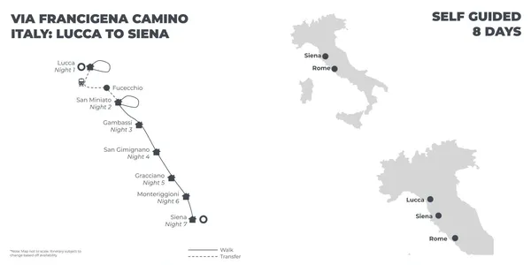 Via Francigena Camino Italy: Lucca to Siena - 8 Days route map