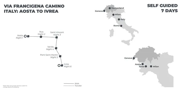 Via Francigena Camino Italy: Aosta to Ivrea - 7 Days route map