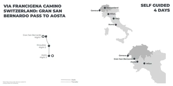 Via Francigena Camino Switzerland: Gran San Bernardo Pass to Aosta - 4 Days route map