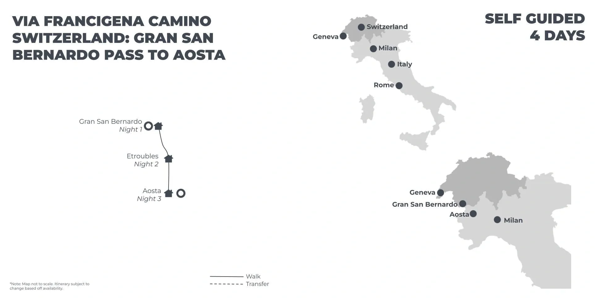 Via Francigena Camino Switzerland: Gran San Bernardo Pass to Aosta - 4 Days route map