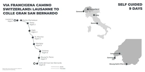 Via Francigena Camino Switzerland: Lausanne to Colle Gran San Bernardo - 9 Days route map