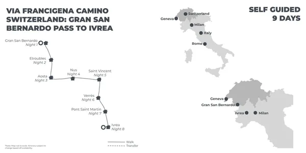 Via Francigena Camino Switzerland: Gran San Bernardo Pass to Ivrea - 9 Days route map