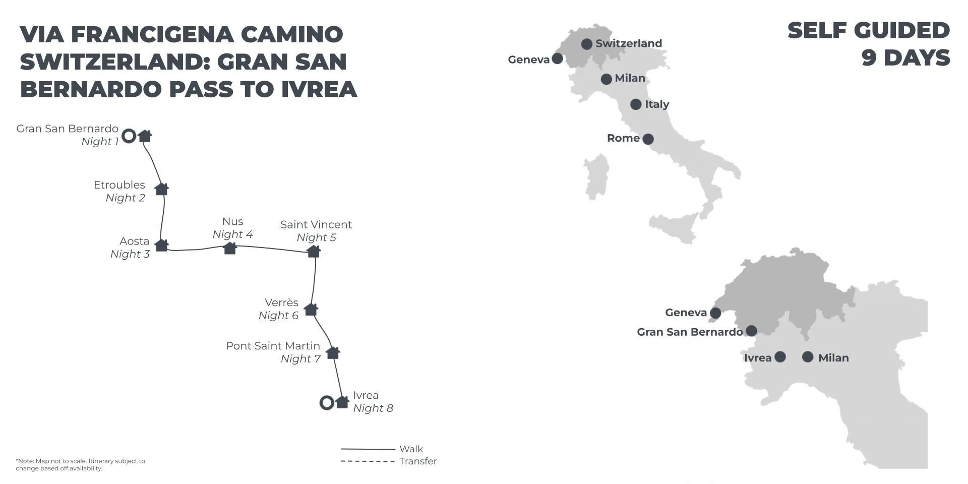 Via Francigena Camino Switzerland: Gran San Bernardo Pass to Ivrea - 9 Days route map