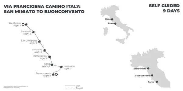 Via Francigena Camino Italy: San Miniato Alto to Buonconvento - 9 Days route map