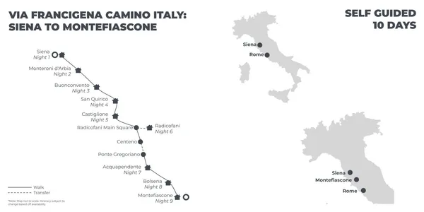 Via Francigena Camino Italy: Siena to Montefiascone - 10 Days route map