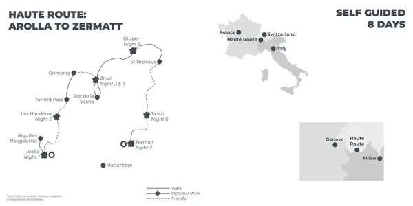 Haute Route East: Arolla to Zermatt - 3 Star Hotels - 8 Days route map