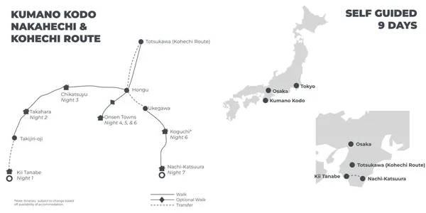 Kumano Kodo Nakahechi (& Kohechi route) - 9 Days route map