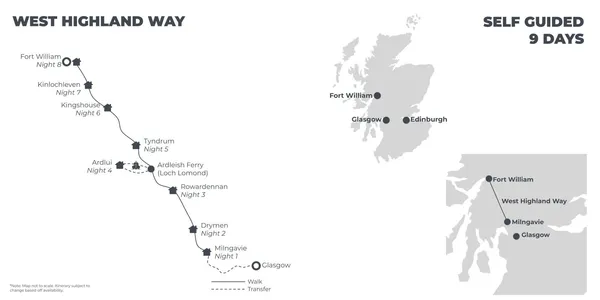 West Highland Way: 3 Star B&B's - 9 Days route map